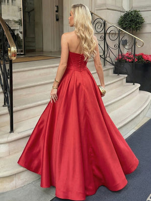 Satin Strapless Evening Dresses Corset Pleated Maxi Formal Gowns