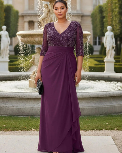 Chiffon V Neck Pleated Beading Mother of the Bride Dresses