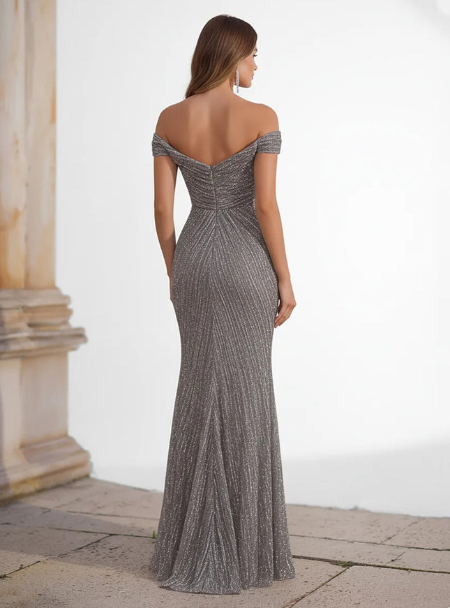 Glitter Tulle Off the Shoulder Pleated Evening Dresses