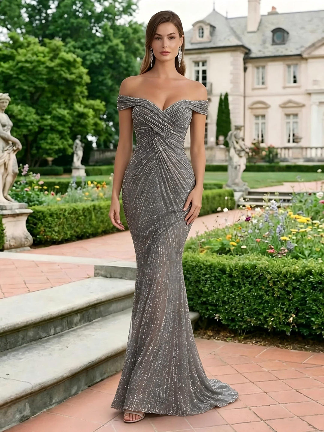 Glitter Tulle Off the Shoulder Pleated Evening Dresses