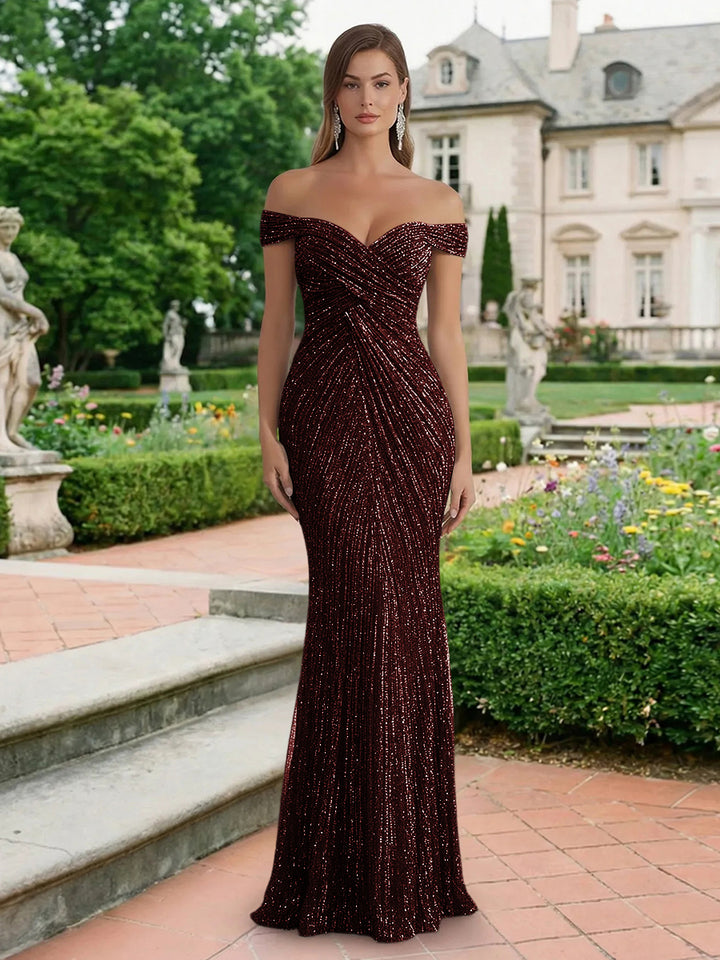 Glitter Tulle Off the Shoulder Pleated Evening Dresses