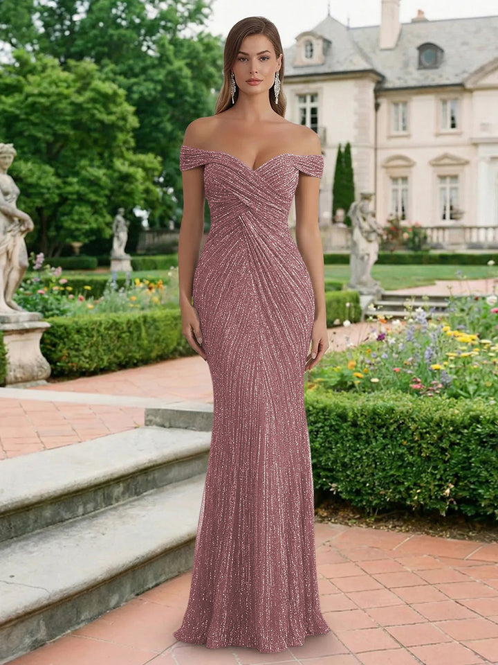Glitter Tulle Off the Shoulder Pleated Evening Dresses