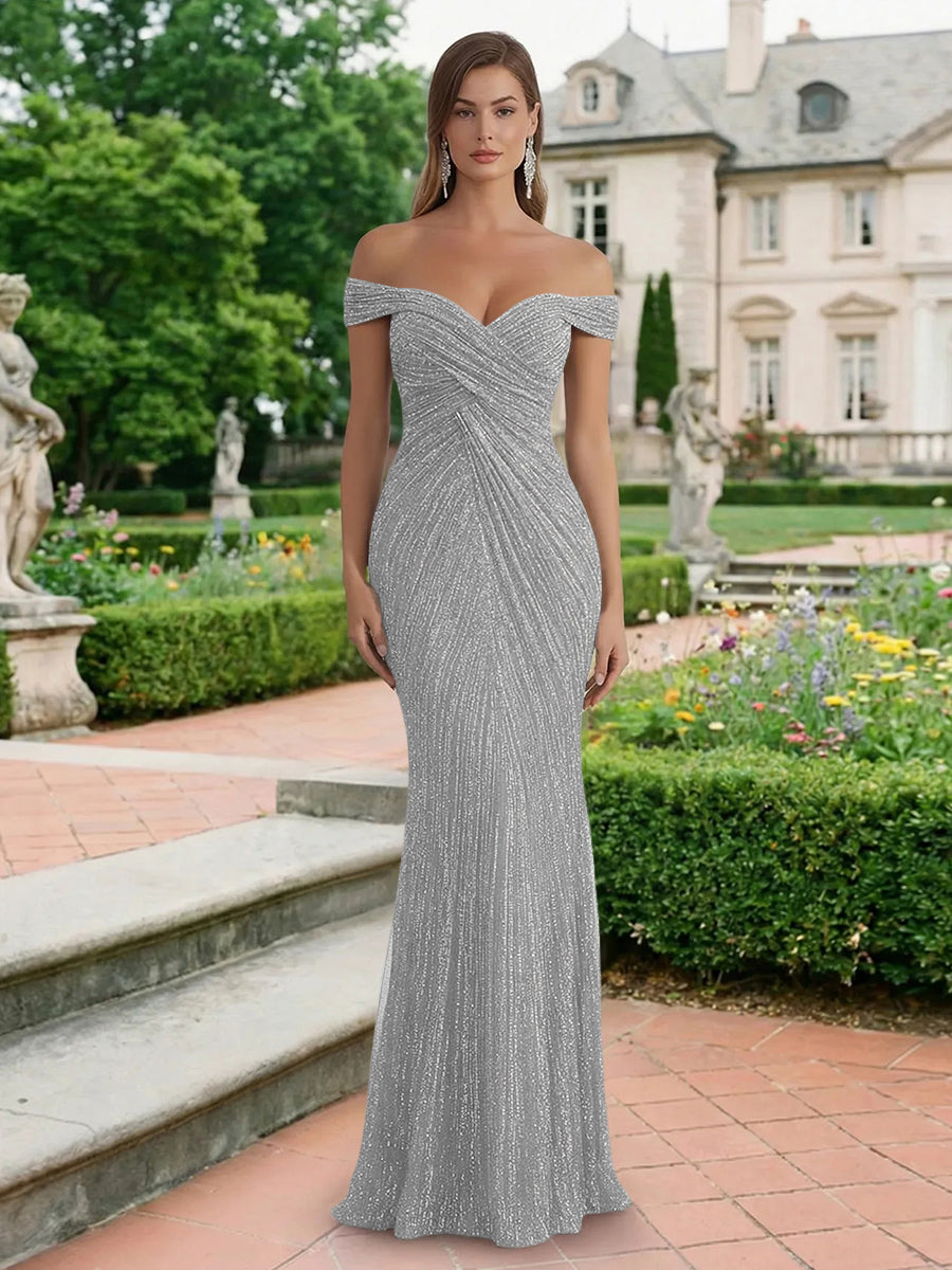 Glitter Tulle Off the Shoulder Pleated Evening Dresses