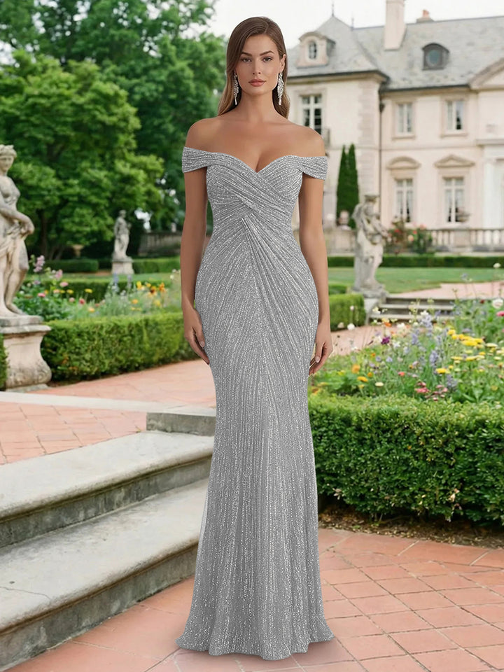 Glitter Tulle Off the Shoulder Pleated Evening Dresses