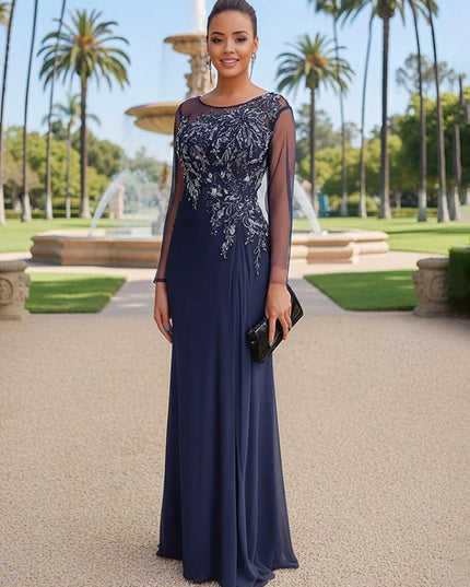 Chiffon Scoop Neck Pleated Lace Appliques Evening Dresses