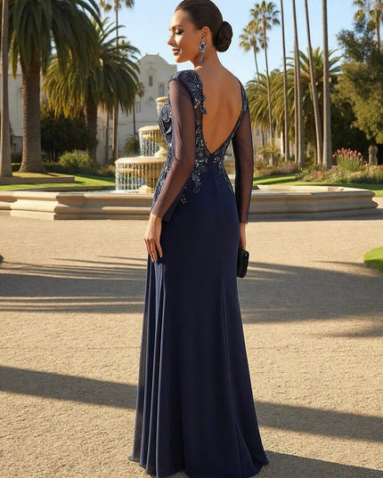 Chiffon Scoop Neck Pleated Lace Appliques Evening Dresses