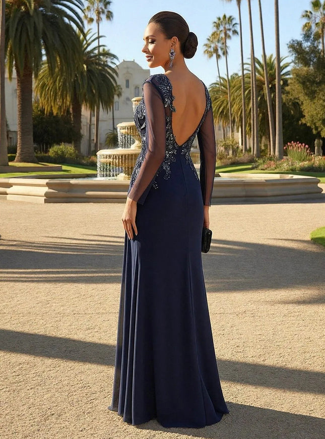 Chiffon Scoop Neck Pleated Lace Appliques Evening Dresses