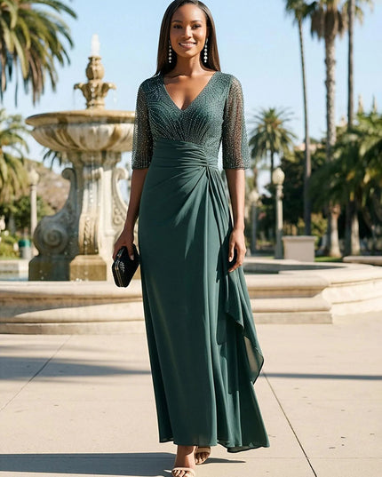 Chiffon Beadings Pleated V Neck Evening Dresses