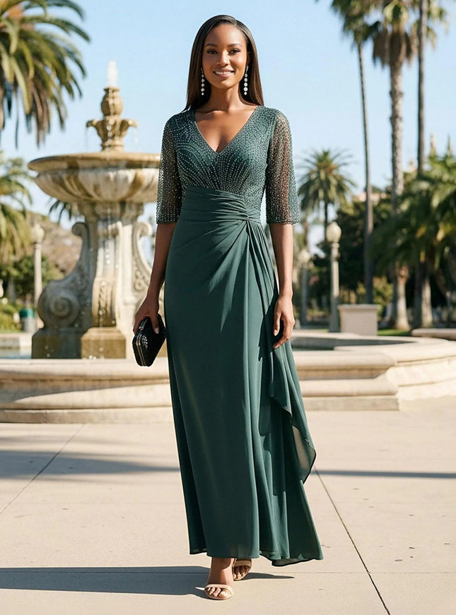 Chiffon Beadings Pleated V Neck Evening Dresses