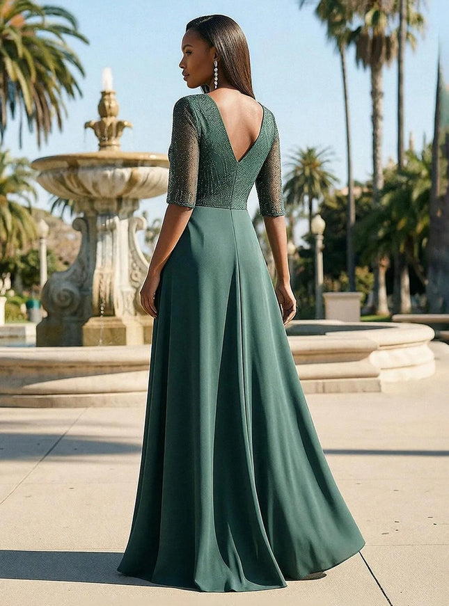 Chiffon Beadings Pleated V Neck Evening Dresses