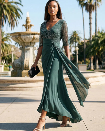Chiffon Beadings Pleated V Neck Evening Dresses