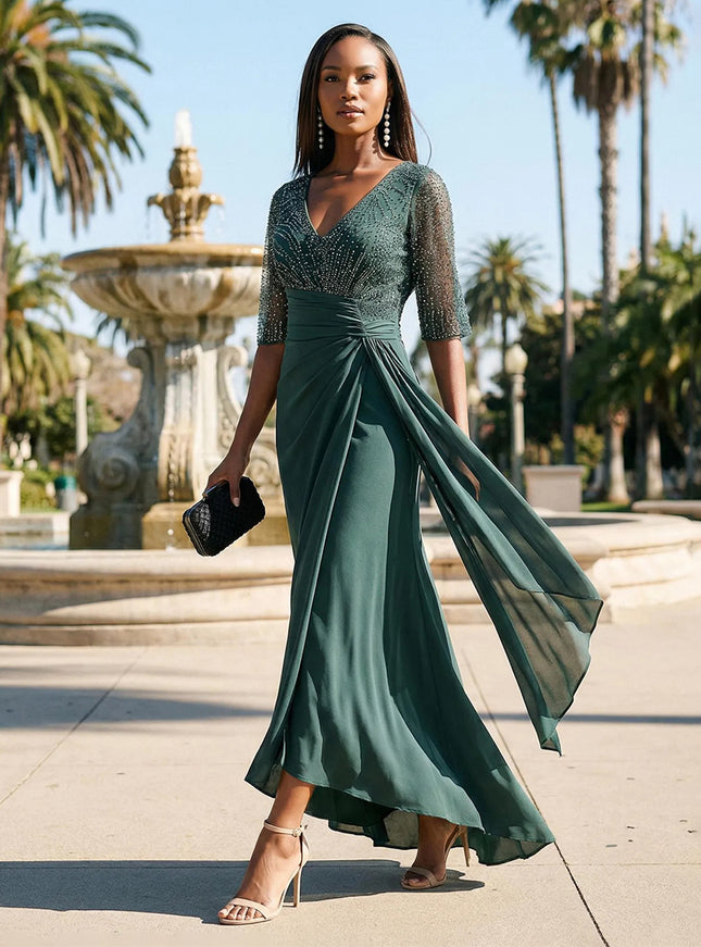 Chiffon Beadings Pleated V Neck Evening Dresses