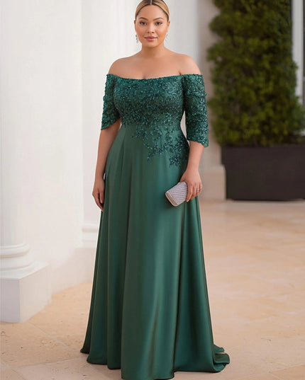 Satin Lace Appliques Long Sleeves Evening Dresses