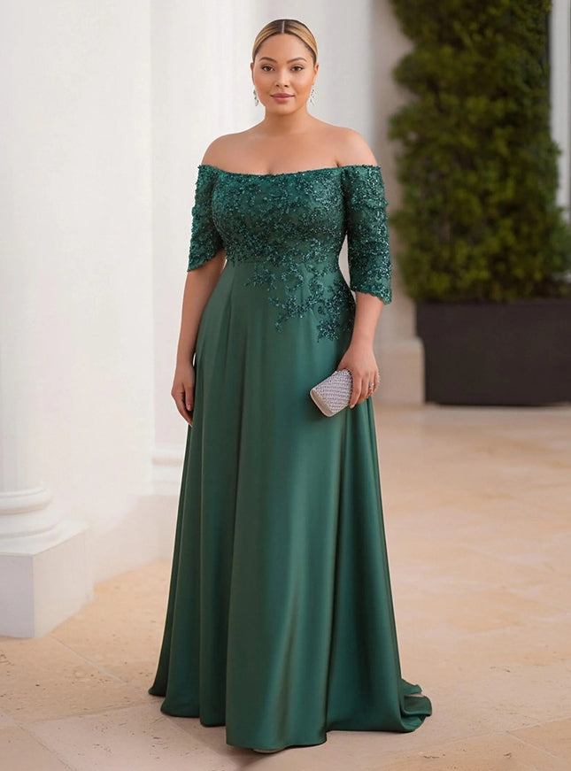 Satin Lace Appliques Long Sleeves Evening Dresses