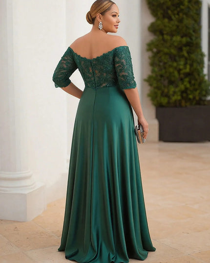 Satin Lace Appliques Long Sleeves Evening Dresses