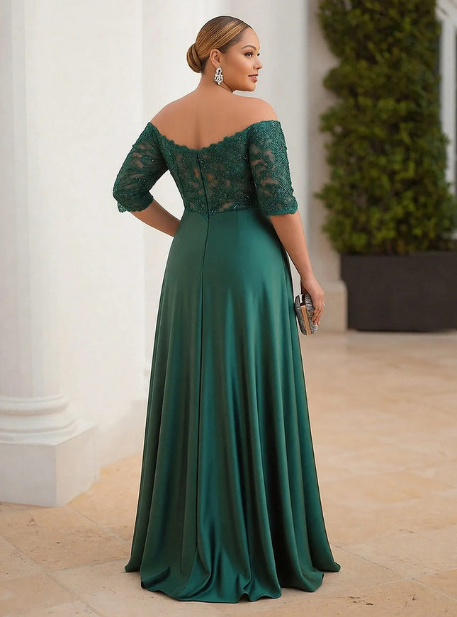 Satin Lace Appliques Long Sleeves Evening Dresses