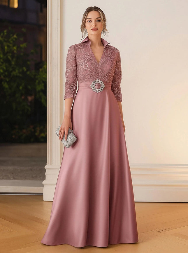 Satin Lace Appliques V Neck Long Sleeves Evening Dresses
