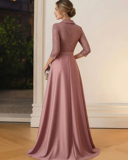 Satin Lace Appliques V Neck Long Sleeves Evening Dresses