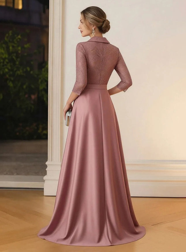 Satin Lace Appliques V Neck Long Sleeves Evening Dresses