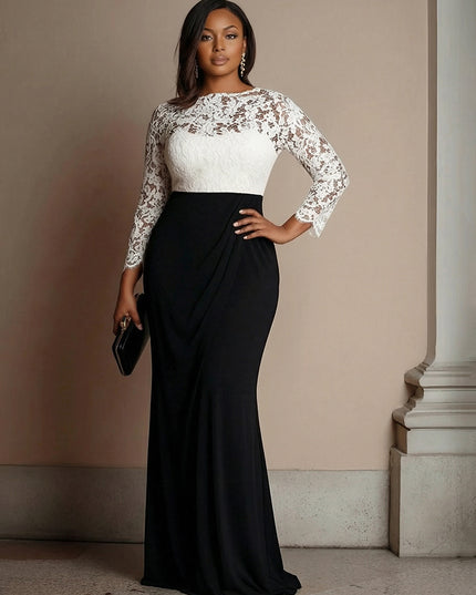 Scoop Neck Long Sleeves Satin Lace Appliques Evening Dresses
