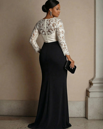 Scoop Neck Long Sleeves Satin Lace Appliques Evening Dresses
