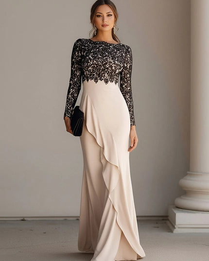 Scoop Neck Long Sleeves Chiffon Lace Appliques Evening Dresses