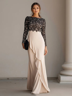Scoop Neck Long Sleeves Chiffon Lace Appliques Evening Dresses
