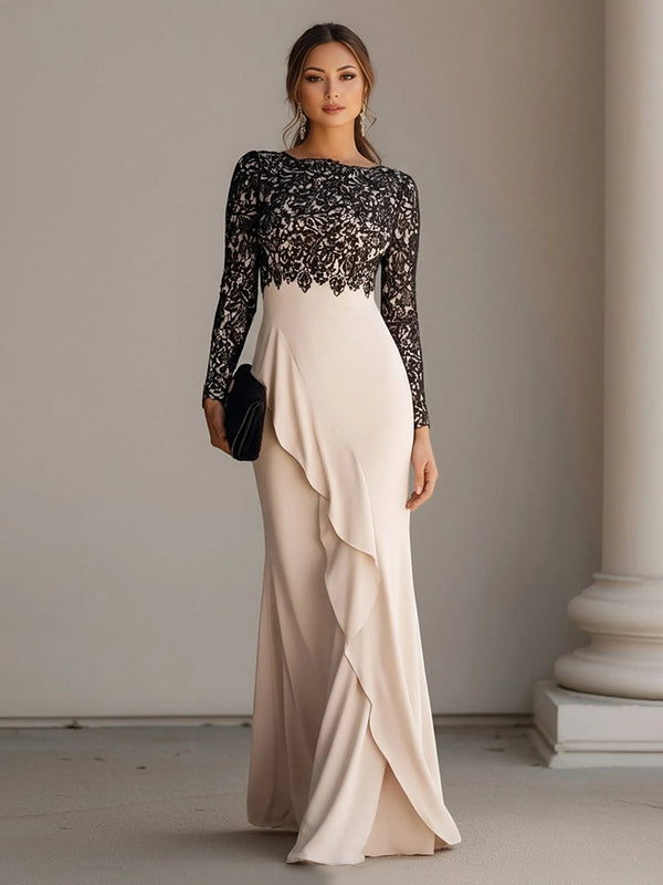 Scoop Neck Long Sleeves Chiffon Lace Appliques Formal Dresses