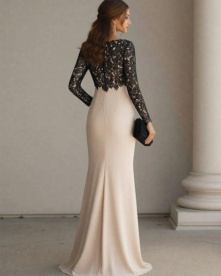 Scoop Neck Long Sleeves Chiffon Lace Appliques Evening Dresses