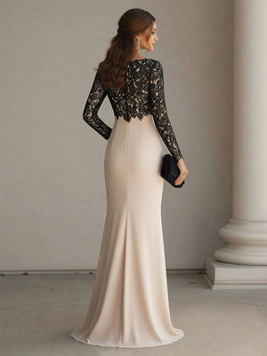 Scoop Neck Long Sleeves Chiffon Lace Appliques Evening Dresses