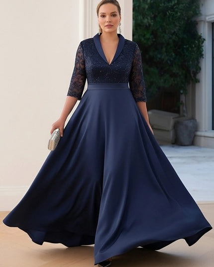 Satin Long Sleeves Lace Appliques V Neck Evening Dresses