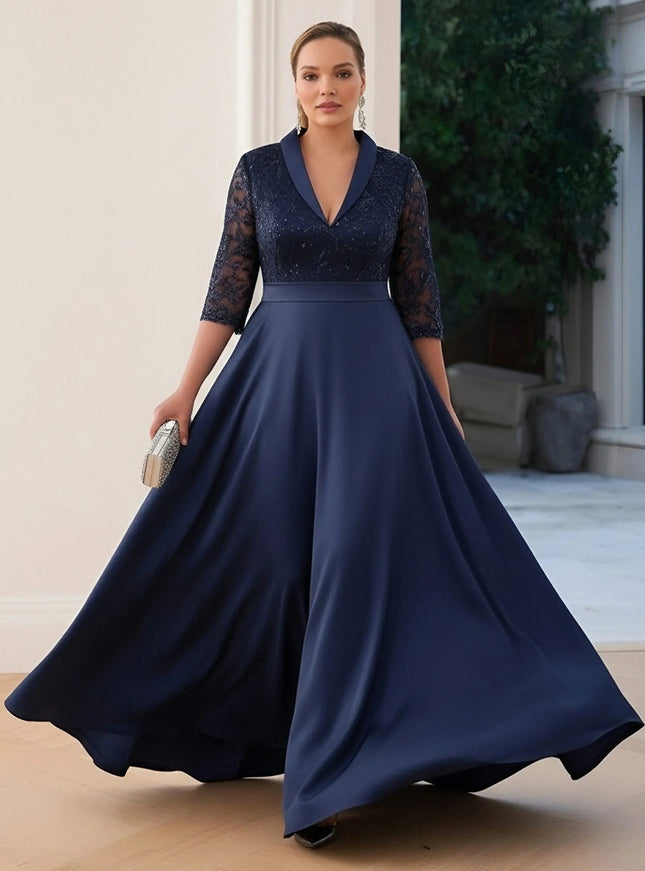 Satin Long Sleeves Lace Appliques V Neck Evening Dresses