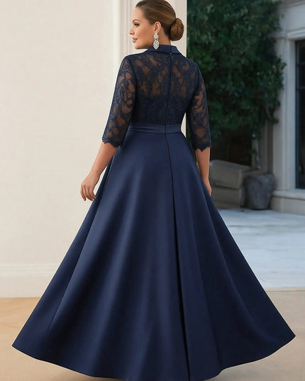 Satin Long Sleeves Lace Appliques V Neck Evening Dresses
