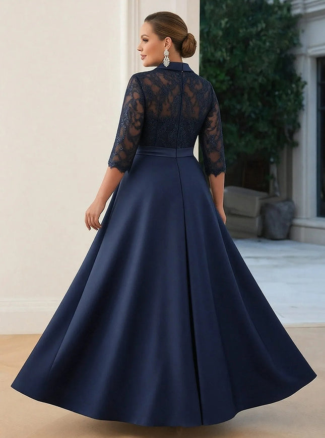Satin Long Sleeves Lace Appliques V Neck Evening Dresses