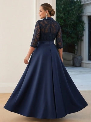 Satin Long Sleeves Lace Appliques V Neck Evening Dresses