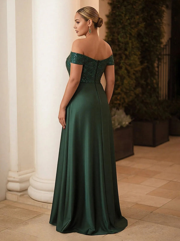 Satin Lace Appliques Off the Shoulder Evening Dresses