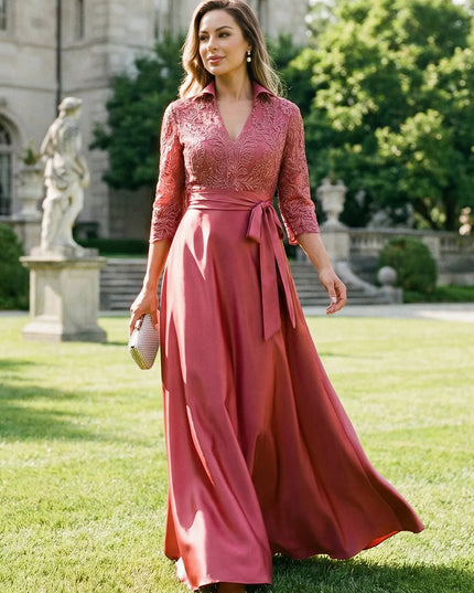 Satin Long Sleeves Lace Appliques V Neck Evening Dresses