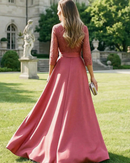 Satin Long Sleeves Lace Appliques V Neck Evening Dresses