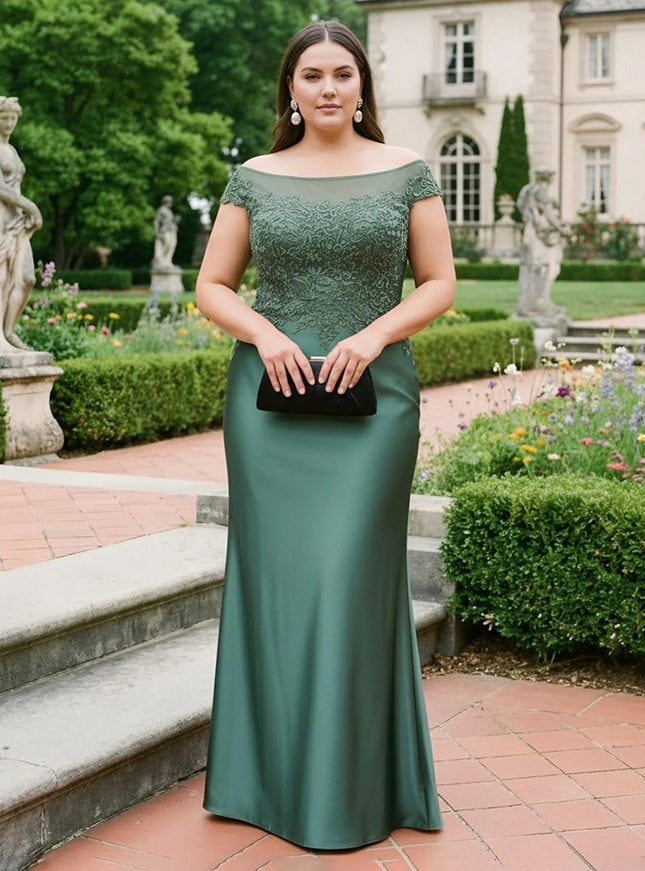 Satin Lace Appliques Scoop Neck Evening Dresses