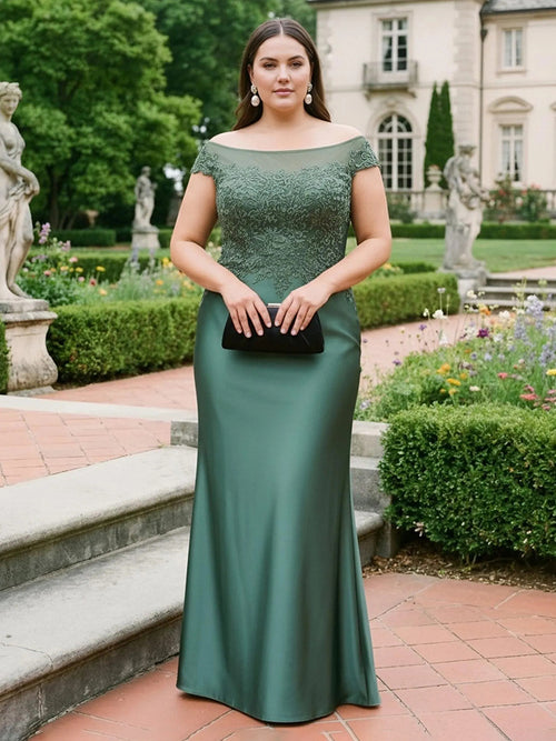 Satin Lace Appliques Scoop Neck Evening Dresses