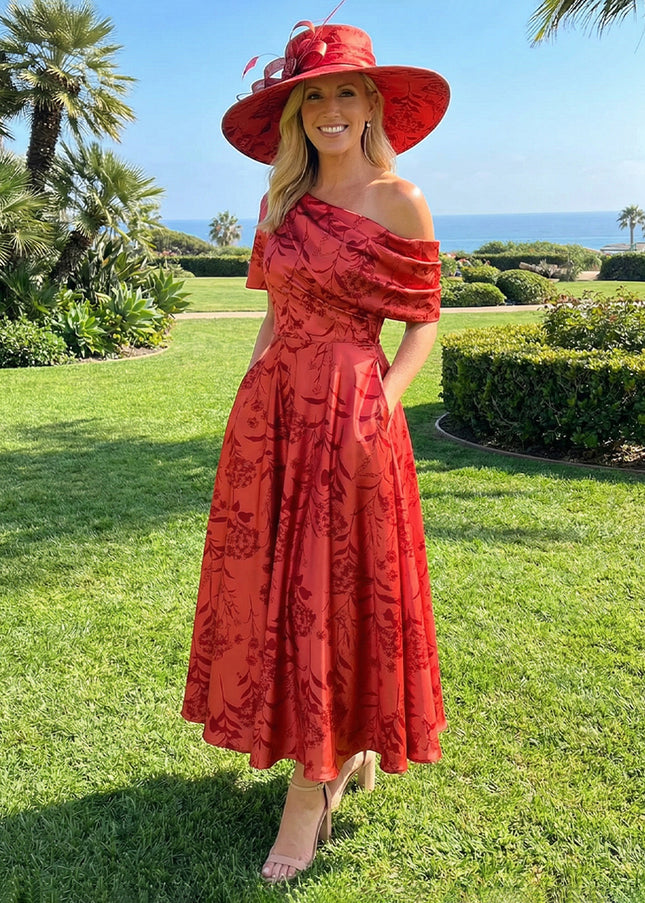 Floral One Shoulder Corset Pleated Evening Dresses