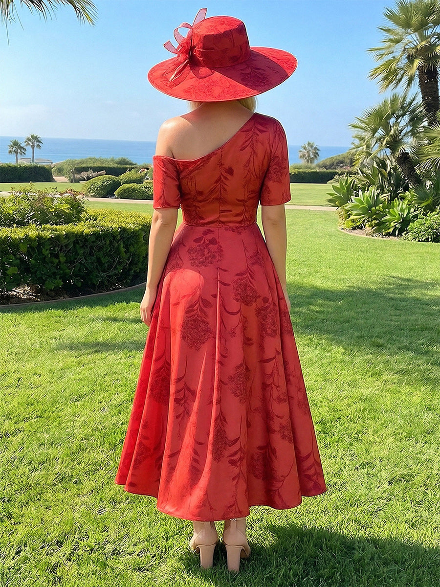 Floral One Shoulder Corset Pleated Evening Dresses