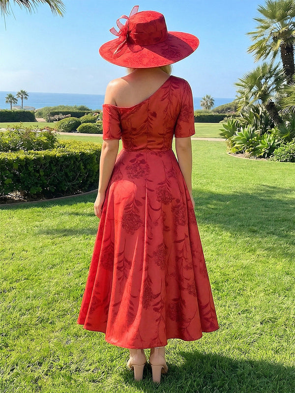 Floral One Shoulder Corset Pleated Evening Dresses