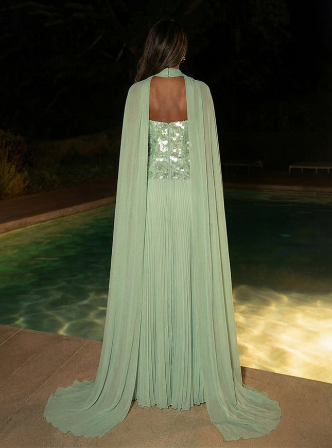 A Line Strapless Sequined Scarf Evening Dresses with Pleats