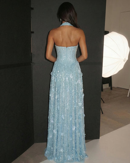 A Line Halter Corset Sequined Sparkling Evening Dresses with 3D Flowers