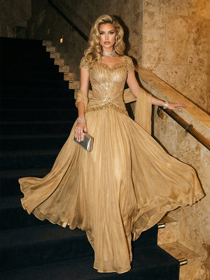 A Line Sweetheart Elegant Pleated Evening Dresses with Beadings & Scarf