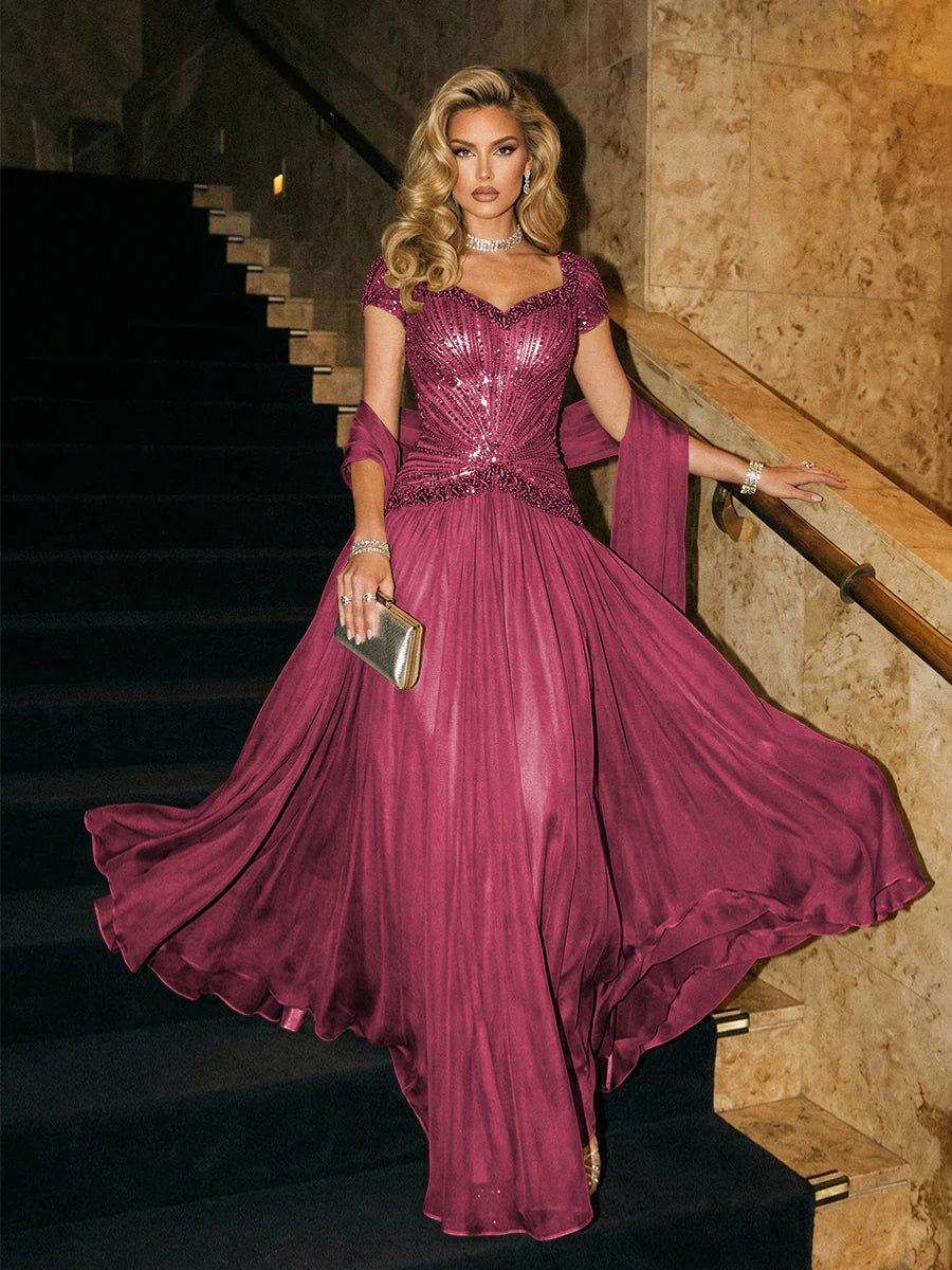 A Line Sweetheart Elegant Pleated Evening Dresses with Beadings & Scarf