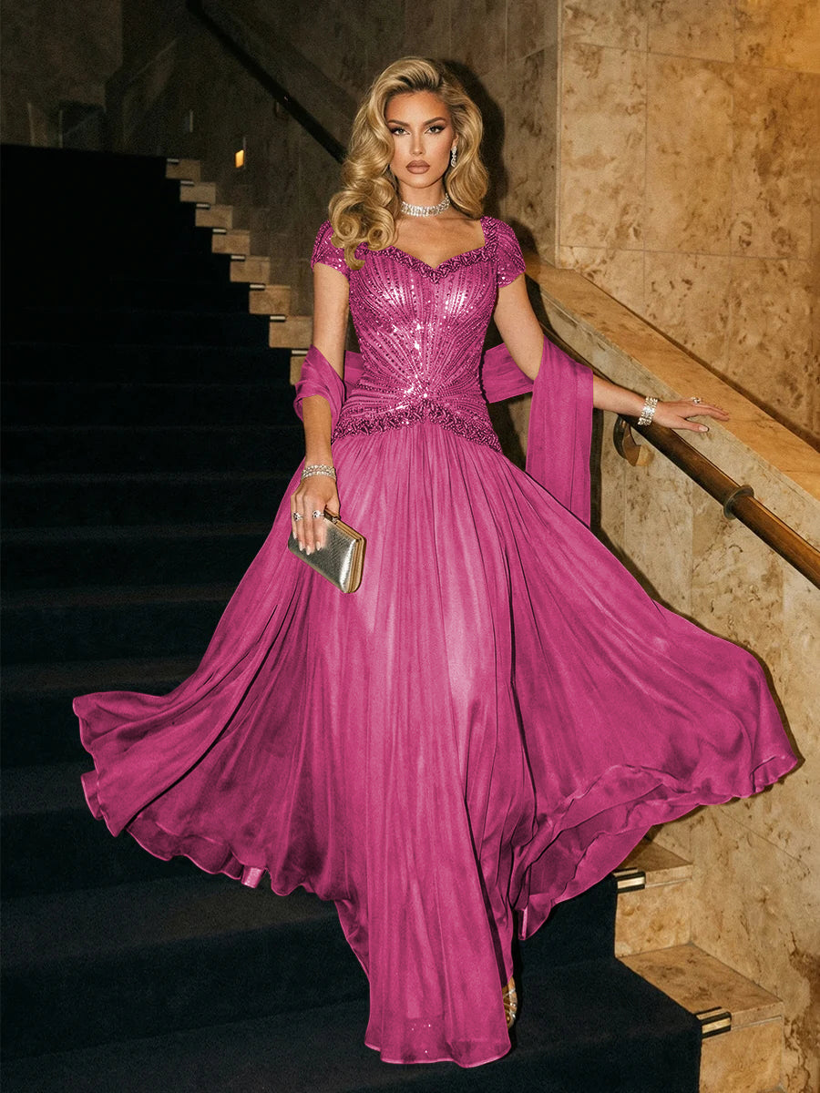 A Line Sweetheart Elegant Pleated Evening Dresses with Beadings & Scarf