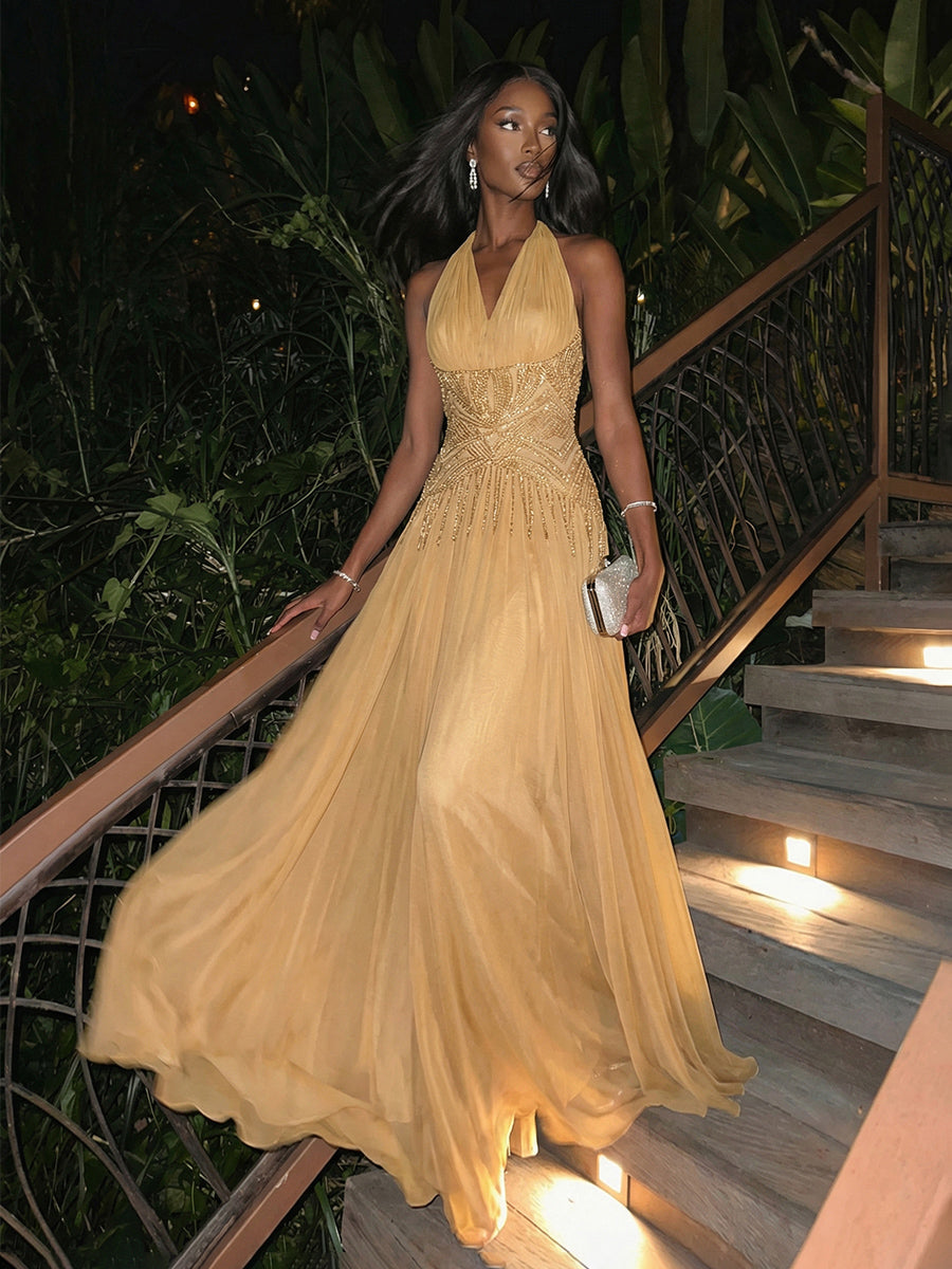 Halter A Line Sleeveless Pleated Evening Dresses with Sequins