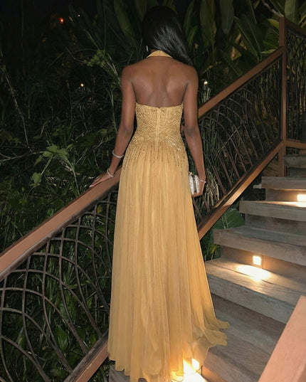 Halter A Line Sleeveless Pleated Evening Dresses with Sequins